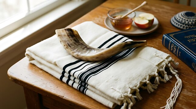 Jewish shofar horn rests on white tallit prayer shawl. Traditional ritual objects for Rosh Hashanah, Yom