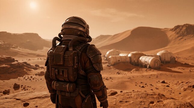Futuristic Astronaut Exploring Mars Desert with Advanced Space Suit and Research Habitats