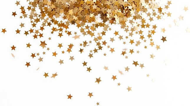 Small gold star shaped confetti pieces scattered on a plain white background surface view