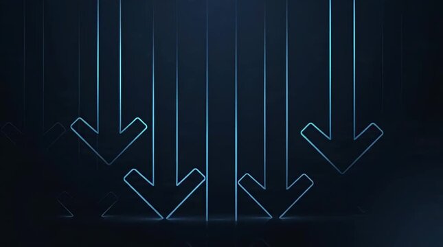 Blue arrows moving downward on vertical lines for business decline trend campaigns