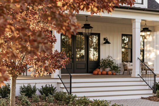 View through softly blurred autumn leaves framing a modern home entrance with pumpkins on the porch and decorative lanterns hanging above