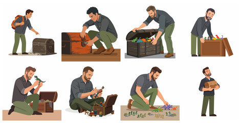 Man discovering and playing with a vintage chest full of nostalgic toys, dinosaurs, and toy soldiers © Dedi