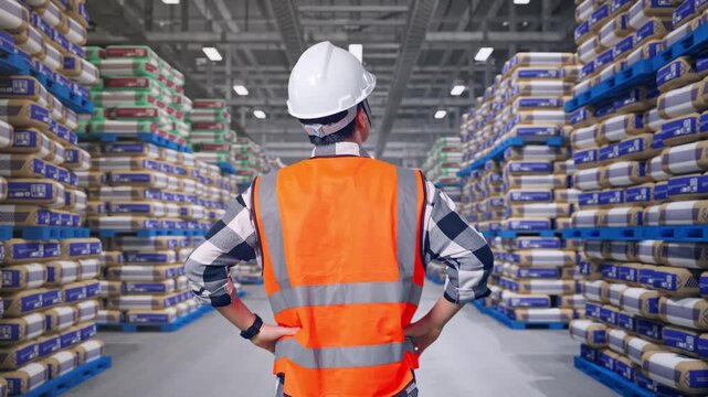 Back View Of A Male Engineer Wearing Safety Helmet Looking Around While Standing With Arms Akimbo at Warehouse Stacked Cement Bags Pallets