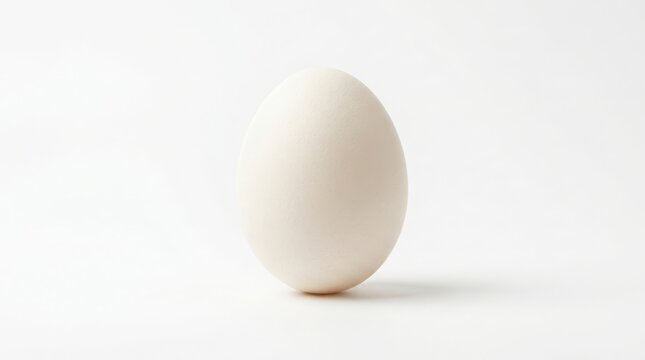 A single fresh chicken egg standing upright isolated on a clean white background