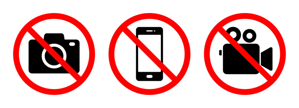 No photography sign set, No camera, photo, video recording, mobile phone prohibited symbols. Photo, video capturing not allowed forbidden icons for security, privacy and restricted areas.