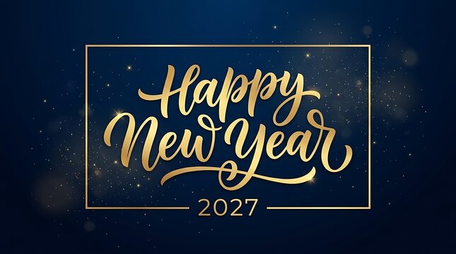 Gold happy new year 2027 text in a rectangular frame on a dark blue background with glowing particles with background shimmering light