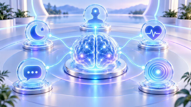 Futuristic artificial intelligence glowing digital brain interface connecting mental health sleep communication wellness and human cognitive neuroscience concept