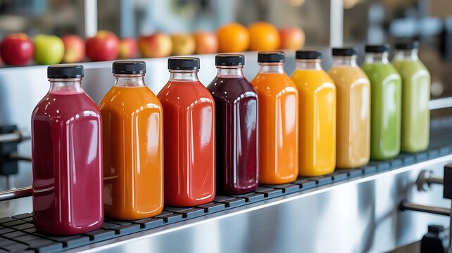 Assorted colorful fruit juices in clear square plastic bottles moving along a stainless steel conveyor belt in an automated beverage factory line