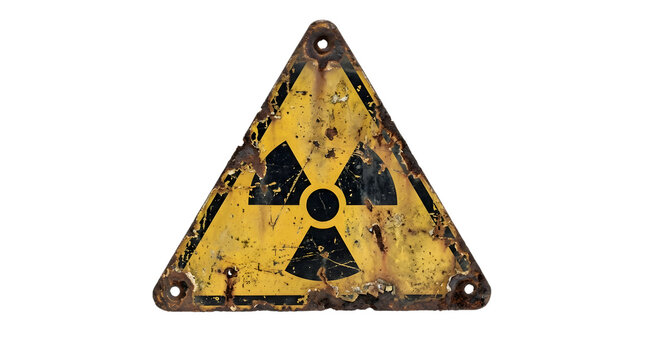 Rusty vintage radiation warning sign, weathered radioactive hazard symbol on yellow metal plate, post-apocalyptic nuclear danger icon isolated on white background