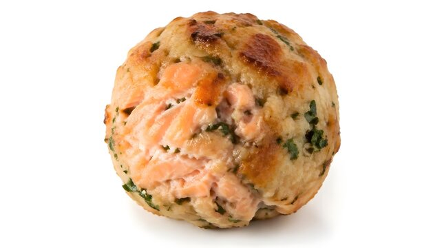 Single roasted salmon fish ball with herbs isolated on white