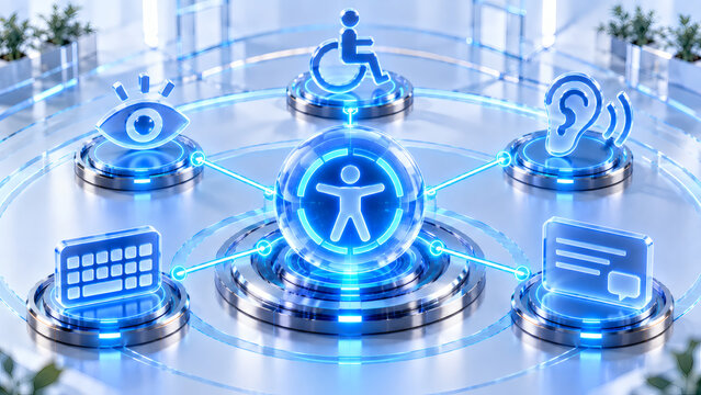 Universal digital accessibility and assistive technology concept with glowing icons representing mobility vision hearing keyboard input and inclusive user interface design
