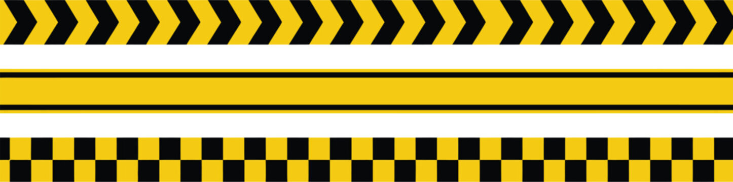 Yellow and black hazard warning tape featuring chevron stripes, checkered patterns, and caution lines for industrial safety borders and barriers.