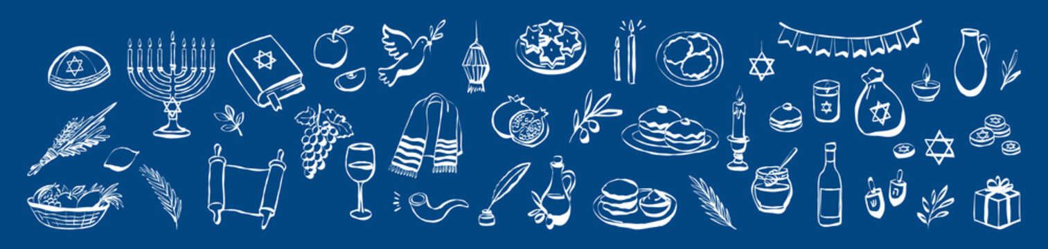 Festive Jewish symbols for holiday celebrations on blue background