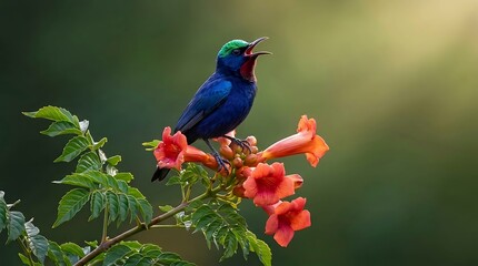 Fototapeta premium Blue hummingbird feeding on bright red flowers in natural setting