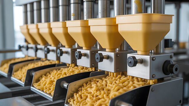 Automated macaroni pasta production line with yellow funnels and stainless steel machinery in a large scale industrial food manufacturing facility