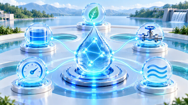 Smart water management and conservation technology concept with glowing digital droplet connected to eco valve meter and purification icons