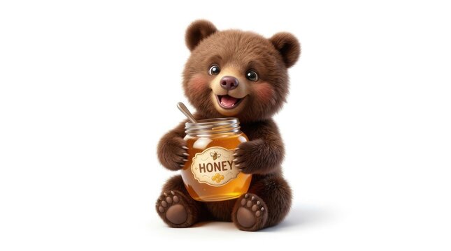 A cute young brown bear cub is happily embracing a glass jar filled with delicious golden honey