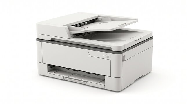 Modern white laser printer, professional office multifunction copier machine, desktop scanner and inkjet printer isolated on white background