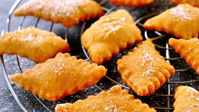 French Bugnes Beignets Pastry Dusting Powdered Sugar on Wire Rack