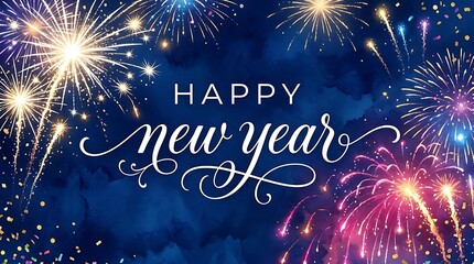 Fototapeta premium Happy new year text greeting overlay on a dark blue background with colorful exploding fireworks display with background