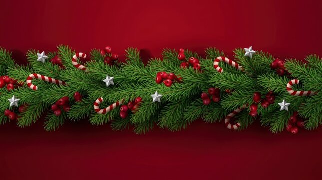 Christmas garland with pine branches and red berries