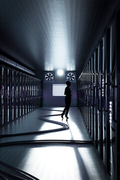 3D female technician at server rack in blue data center corridor