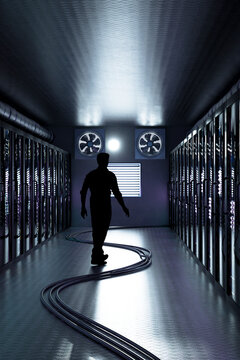 3D  engineer monitoring server cabinet in illuminated data center