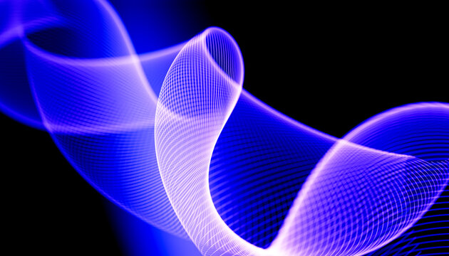 3D violet neon mesh ribbon across black and electric blue background