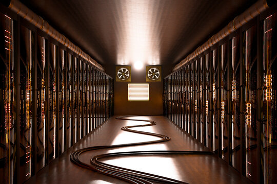 3D warm server room corridor with amber rack light and floor cable