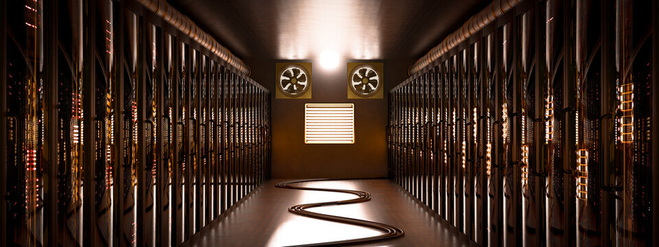 3D amber data center aisle with server rack and network cable