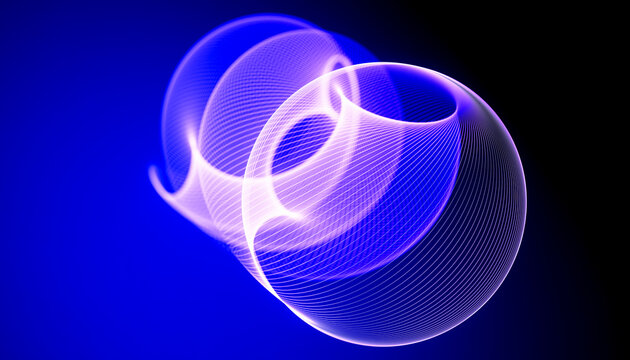 3D glowing violet wireframe shell with fluid loop on blue background