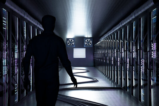 3D IT engineer entering server room with network rack and floor cable