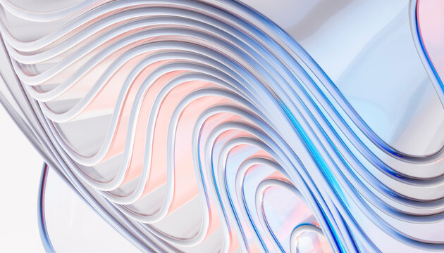 3D layered chrome wave with blue and coral light on white background