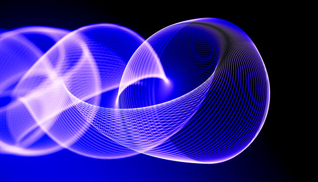 3D luminous violet torus wave with flowing wireframe loops on blue