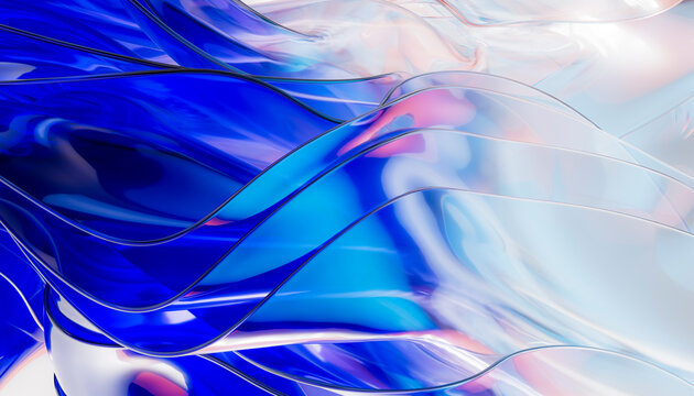 3D transparent blue glass ribbon on pastel pink technology background