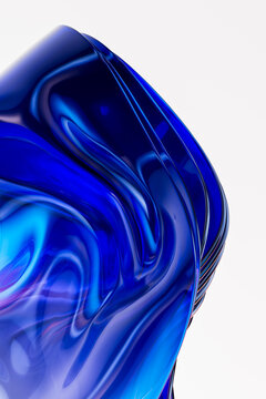 3D glossy cobalt glass form with fluid reflection on white background