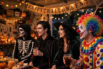 Obraz premium Friends in Halloween Costumes Celebrating Together at a Party.