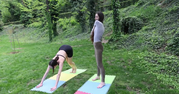Woman practices yoga asanas as girlfriend warms up arms in summer park. Female athletes in activewear exercise together on green lawn grass