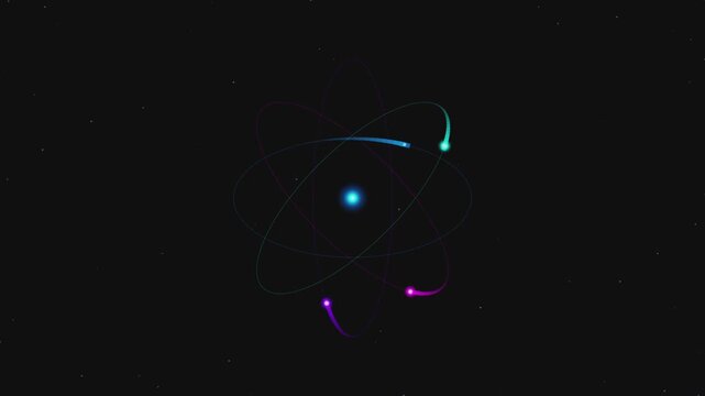 Abstract Glowing Atom Model With Orbital Electrons Rotating In Deep Space