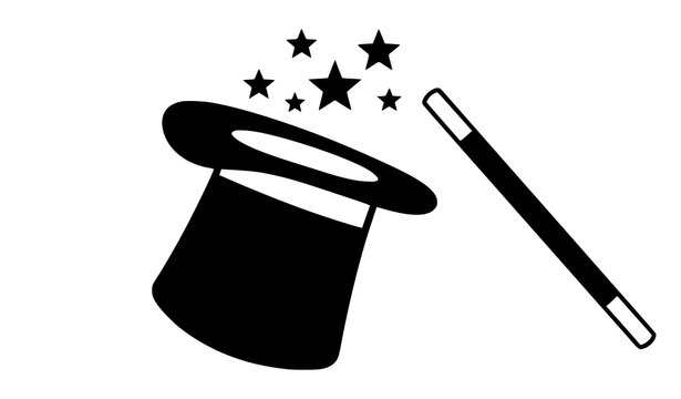 Traditional magic top hat and wand silhouette vector design with five floating stars on white background