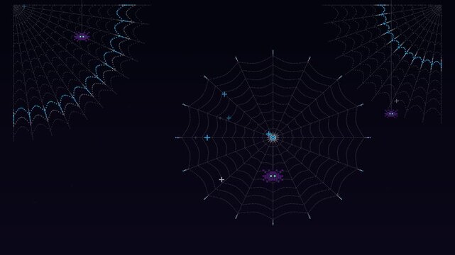 Shimmering spider webs with light pulses running along the threads, dew sparkles and spiders bobbing on silk
