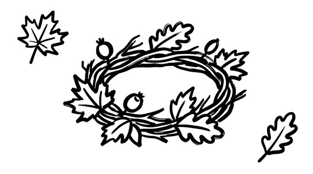 Hand Drawn Autumn Leaf Wreath Line Art Illustration on White Background