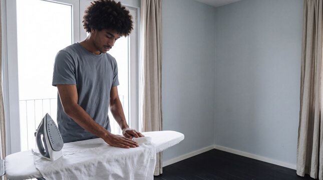 Ironing a shirt collar in a bright minimalist apartment