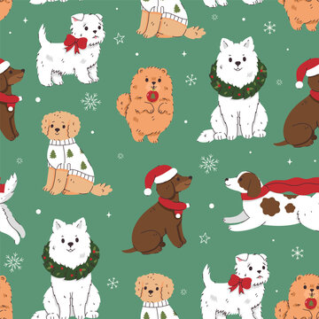 Cute Christmas dogs seamless pattern with funny puppies in winter outfits on green background, vector illustration