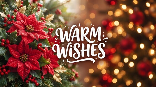 Warm wishes holiday greeting card with vibrant red poinsettia flowers and blurred christmas tree lights in the background
