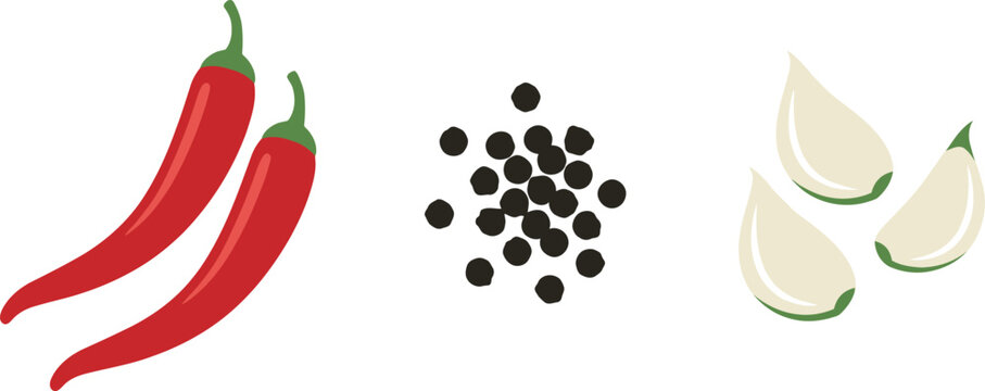 A vibrant assortment of fresh red chili peppers black peppercorns and pristine white garlic cloves presented on a completely clear transparent background