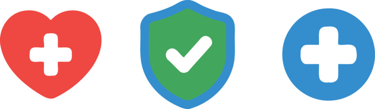 Three colorful healthcare icons including a red heart with a cross a green shield and a blue medical plus symbol on clear background