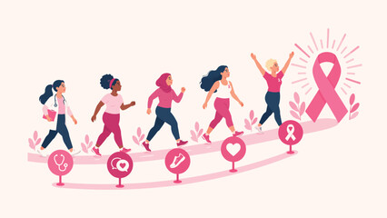 Fototapeta premium Breast cancer survivor journey timeline showing diverse women and doctor walking towards glowing pink ribbon