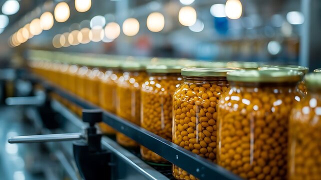 Glass jars filled with orange beans moving along an industrial conveyor belt in a modern food processing and canning factory with bright lights
