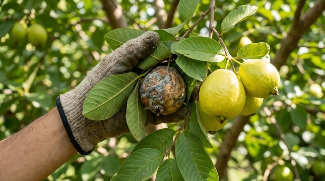 Farmer hand in glove inspecting rotten guava fruit on tree branch in orchard